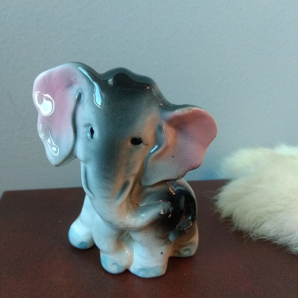 Vintage Glazed Ceramic Elephant Figurine 70s Tchotchke Knickknacks Bric-a-brac
